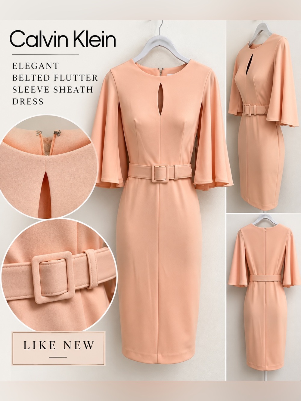 Calvin Klein Peach Keyhole Flutter-Sleeve Sheath with Belt Like New size 6